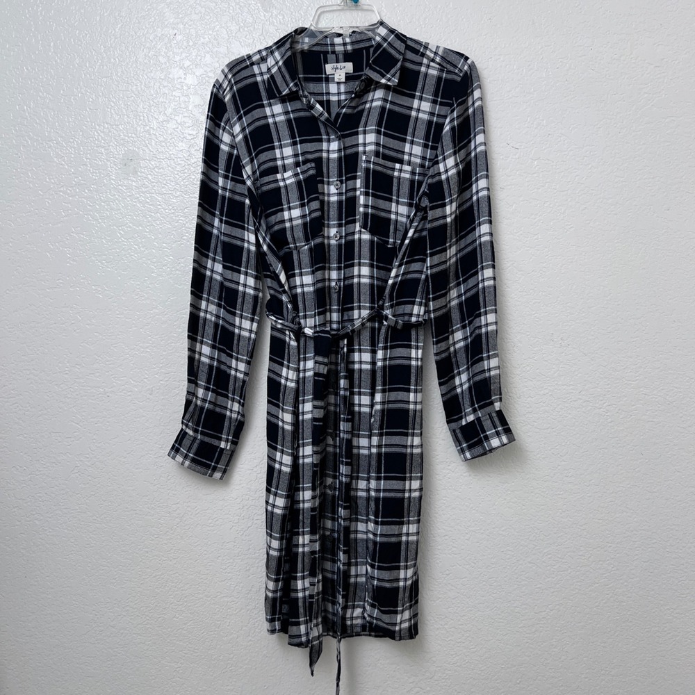 Women's‎ Black White Plaid Long Sleeve Pockets Rayon Shirt Dress Size Medium